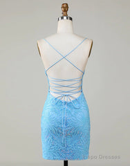 Sparkly Blue Beaded Lace Up Tight Short Homecoming Dress