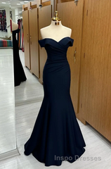 Long Navy Evening Prom Dress Mermaid Off-the-Shoulder Sweetheart Sleeveless