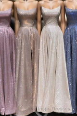 A-Line Sparkle Split Backless Evening Prom Dress  Long Evening Prom Dress With Pocket