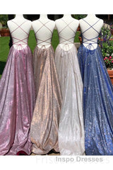 A-Line Sparkle Split Backless Evening Prom Dress  Long Evening Prom Dress With Pocket