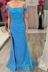 Blue Sequin Off-the-Shoulder Mermaid Long Evening Prom Dress with Slit