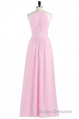 Pink Chiffon Halter Sleeveless A-Line Long Bridesmaid Dress
