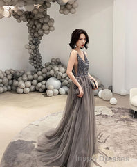 Gray V Neck Tulle Beads Long Prom Dress Gray Tulle Evening Dress