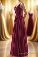 Wine Red Chiffon A-line Long Pleated Bridesmaid Dress