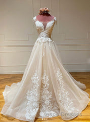 Champagne Sleeveless Round Neck Tulle Lace Long Evening Prom Dress