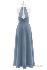 Dusty Blue Chiffon Halter Backless Ruffled Long Bridesmaid Dress