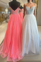 A-line Sparkly Plunging V-Neck Spaghetti Straps Sequins Top Long Evening Prom Dress