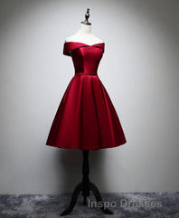 Simple Satin Burgundy Short Evening Prom Dress, Burgundy Homecoming Dress