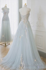 A-Line Tulle Lace Appliques Sweetheart Long Evening Prom Dress, Strapless Evening Prom Dress