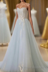 A-Line Tulle Lace Appliques Sweetheart Long Evening Prom Dress, Strapless Evening Prom Dress