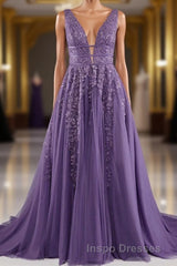A-line V-Neck Lace Appliques Long Evening Prom Dress