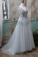Grey V-Neckline Tulle With Lace Long Formal Dress, Grey A-Line Evening Prom Dress