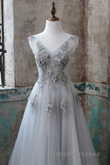 Grey V-Neckline Tulle With Lace Long Formal Dress, Grey A-Line Evening Prom Dress
