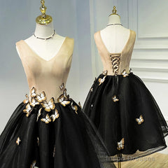 A Line Black V Neck Lace Up Homecoming Dresses, Sleeveless Prom Dress With Butterfly