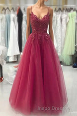 Wine Red Tulle Straps Lace Applique Long Formal Dress, Wine Red Evening Prom Dress