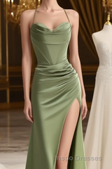 straps mermaid long formal dress Evening Prom dress with side slit and cowl neck