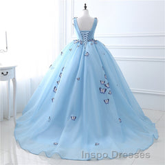 Blue Butterfly Flowers Lace Up Ball Gowns Long Evening Prom Dress