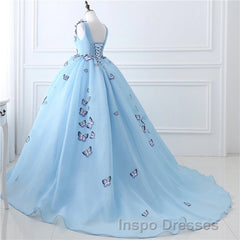Blue Butterfly Flowers Lace Up Ball Gowns Long Evening Prom Dress