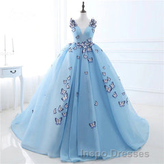 Blue Butterfly Flowers Lace Up Ball Gowns Long Evening Prom Dress