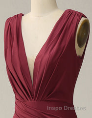 Burgundy Mermaid V-Neck Long Glitter Evening Prom Dress With Pleating