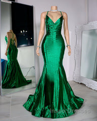 Satin Trumpet V-Neck Spaghetti Straps Evening Prom Evening Dress For Black Girls