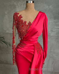 Gorgeous Red Long Sleeve Mermaid Evening Prom Dress Lace Appliques Evening Prom Gown Ruffles