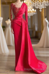 Gorgeous Red Long Sleeve Mermaid Evening Prom Dress Lace Appliques Evening Prom Gown Ruffles