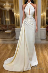 Ivory Halter Long Evening Prom Dress With Split Detachable Train