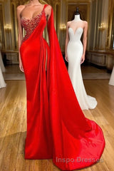 Unique Red Stones Sleeveless High split mermaid Evening Prom Dress