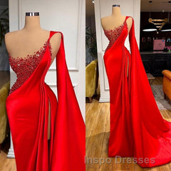 Unique Red Stones Sleeveless High split mermaid Evening Prom Dress
