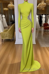 Ginger yellow High-neck Long-sleeves Metallic Beaded Mermaid Evening Prom Dress