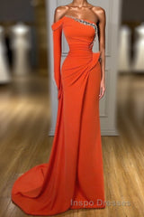Long sleeves Strapless Orange Sequined Long Evening Prom Dress