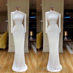 Creamy White Unique neck Long sleeves Mermaid Evening Prom Dress