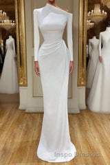 Creamy White Unique neck Long sleeves Mermaid Evening Prom Dress