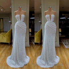 Plunging V-neck Sparkle White Sequined Strapless Evening Prom Dress