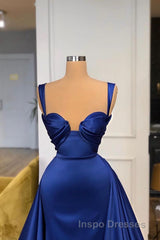 Chic Royal Blue Straps Sweetheart Evening Prom Dress Overskirt With Detachable Train