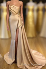 Designer Long Champagne Evening Prom Dress Side Split Evening Prom Party Gowns