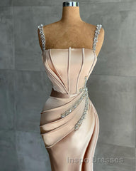 Straps Beadings Long Mermaid Evening Prom Dress Split Evening Prom Gowns