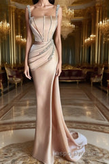 Straps Beadings Long Mermaid Evening Prom Dress Split Evening Prom Gowns