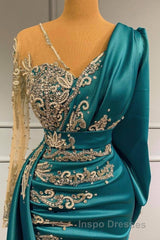 Glamorous Long Sleeve Mermaid Evening Prom Dress With Lace Appliques Party Gowns