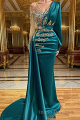 Glamorous Long Sleeve Mermaid Evening Prom Dress With Lace Appliques Party Gowns