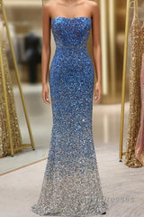 Sparkly Ombre Blue Mermaid Strapless Long Sequin Evening Prom Dress