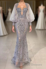 Charming Long Mermaid Sweetheart Tulle Lace Evening Prom Dress with Puffy Sleeves