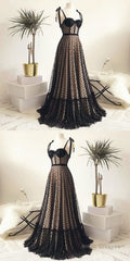 Vintage Polka Dots Spaghetti Straps Black Long Prom Dress