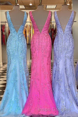Plunge V Neck Lace Appliques Long Evening Prom Dress