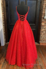 Sraps A-line Red Shiny Tulle Evening Prom Gown