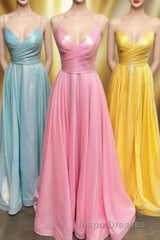 Simple A-line Pleated Spaghetti Straps Long Evening Prom Dress