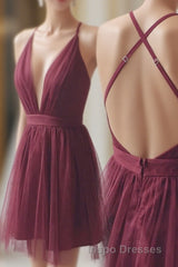 Deep V-neck Spaghetti Straps Sleeveless Tulle Short Evening Prom Dress, Homecoming Dress