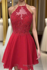Halter Red Chiffon Appliques Beading Short Homecoming Dress