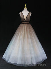 Glitter A-Line V Neck Tulle Long Evening Prom Dress Tulle Long Formal Party Dress